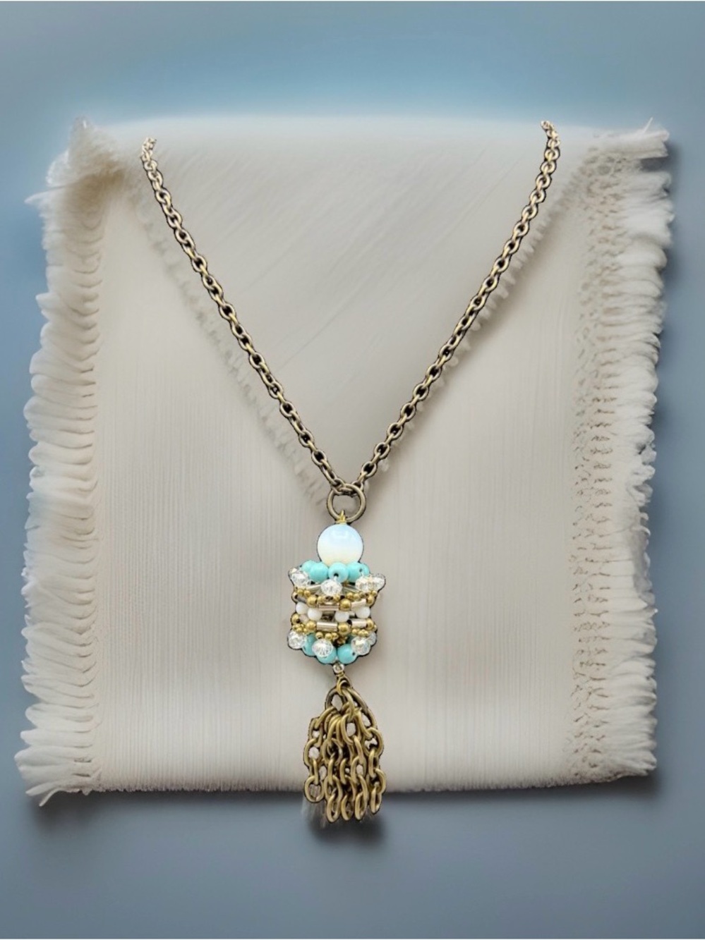 Pam Hiran Beaded Pendant Necklace Gold Tone Tassel 30” Artisan
